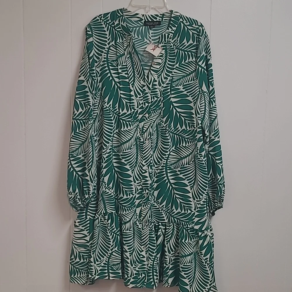 Rachel Zoe Sz M Green and White Leaf Print Long Sleeve Size Medium Button Front - Picture 11 of 11